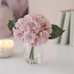 17cm Pink Hydrangeas Artificial Plant In Clear Glass Vase -Hozelock Shop 17cm pink hydrangeas artificial plant in clear glass vase5010795682645 01i