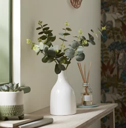 25cm Eucalyptus Stems Artificial Plant In Natural Ceramic Bottle Vase -Hozelock Shop 25cm eucalyptus stems artificial plant in natural ceramic bottle vase5010795682676 01i