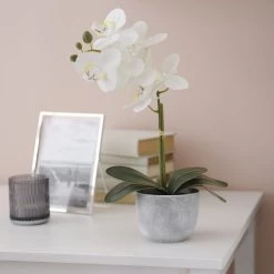 25cm White Orchid Artificial Plant In Grey Ceramic Pot -Hozelock Shop 25cm white orchid artificial plant in grey ceramic pot5010795682669 01i