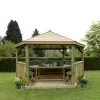 Forest Garden Furnished Timber Roof Hexagonal Gazebo, (W)4900mm (D)4240mm (Green Cushion Included) -Hozelock Shop forest garden furnished timber roof hexagonal gazebo w 4900mm d 4240mm green cushion included 5013053172643 01i