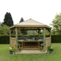 Forest Garden Furnished Timber Roof Hexagonal Gazebo, (W)4900mm (D)4240mm (Green Cushion Included)