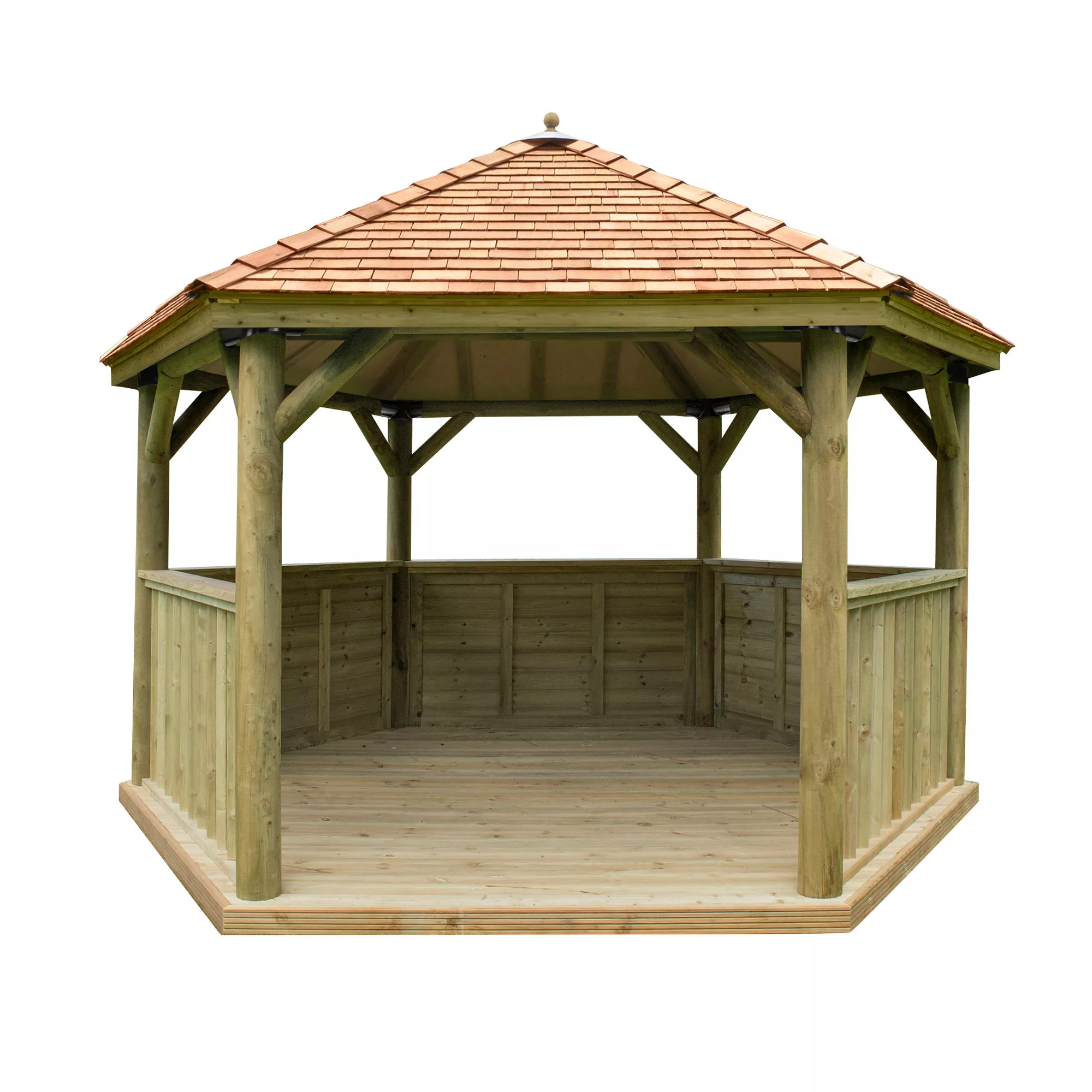 Forest Garden Hexagonal Gazebo with Cedar roof, (W)4.26m (D)3.69m Forest Garden Hexagonal Gazebo With Cedar Roof, (W)4.26m (D)3.69m -Hozelock Shop forest garden hexagonal gazebo with cedar roof w 4 26m d 3 69m5013053163405 02c bq