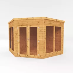 Mercia Corner 9x9 Ft Flat Shiplap Wooden Summer House With Double Door -Hozelock Shop mercia corner 9x9 ft flat shiplap wooden summer house with double door5029442088563 01c